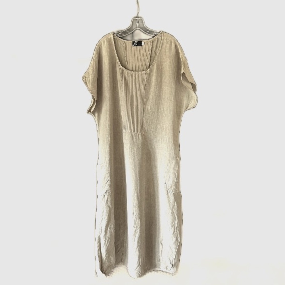 Fenini Tan Linen/Cotton Dress with Pockets and Bubble Hem XXL EUC